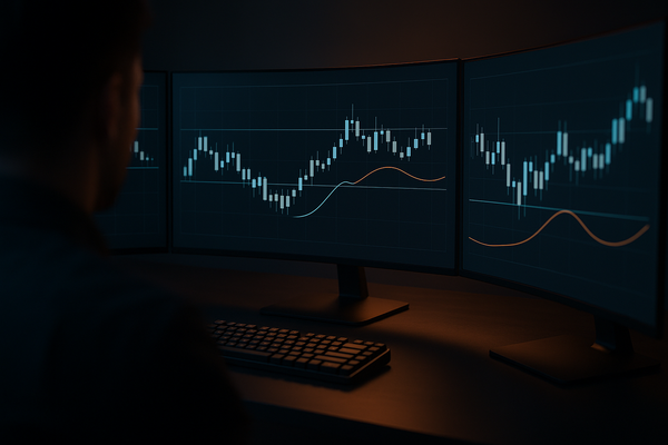A graphic of a dark three-monitor workstation displaying financial candlestick charts, used by traders executing a mean reversion trading strategy.