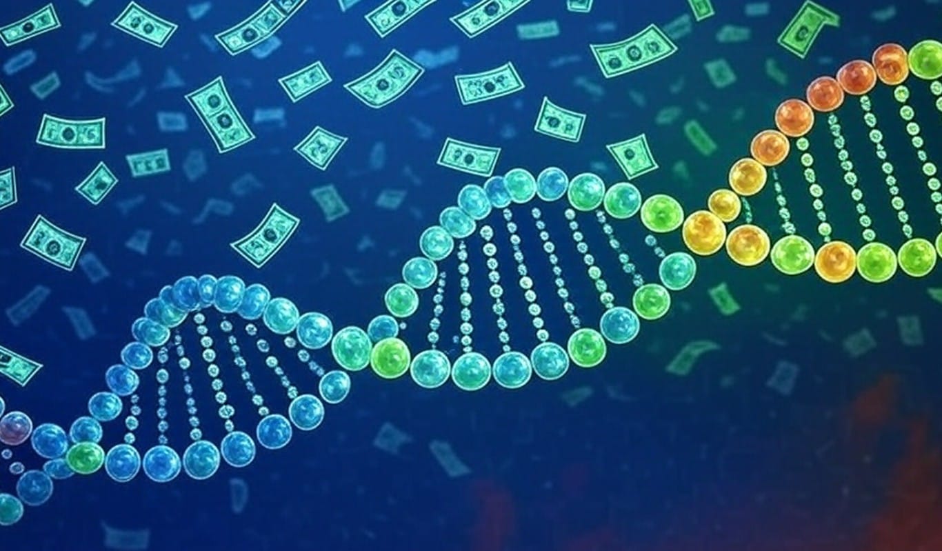 Image shows DNA helix and 'raining money'. Created with AI.