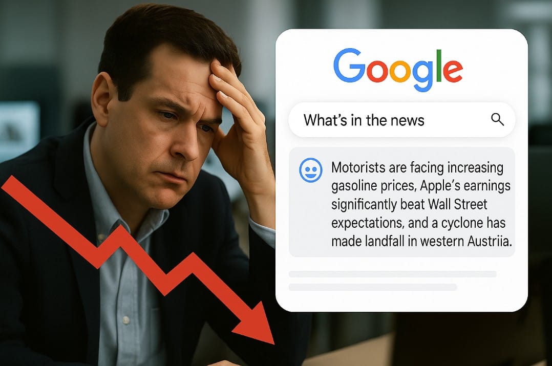 Worried journalist, AI news service and a 'negative' trend arrow. Image created with AI.