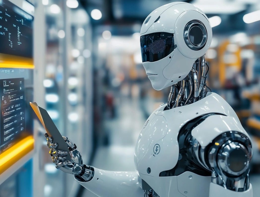 Image created with AI - A humanoid robot factory worker, imagined by Midjourney