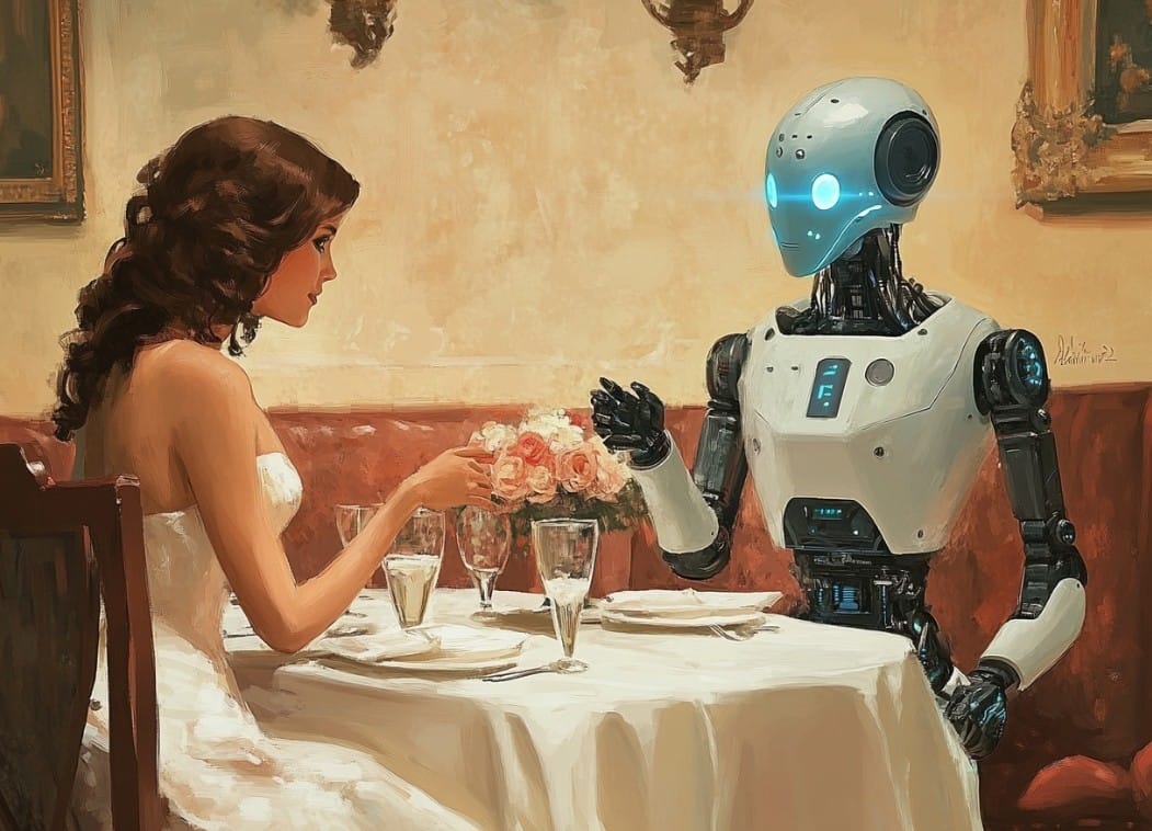Image created with AI - a classic romantic scene, a first date between a human and an AI robot