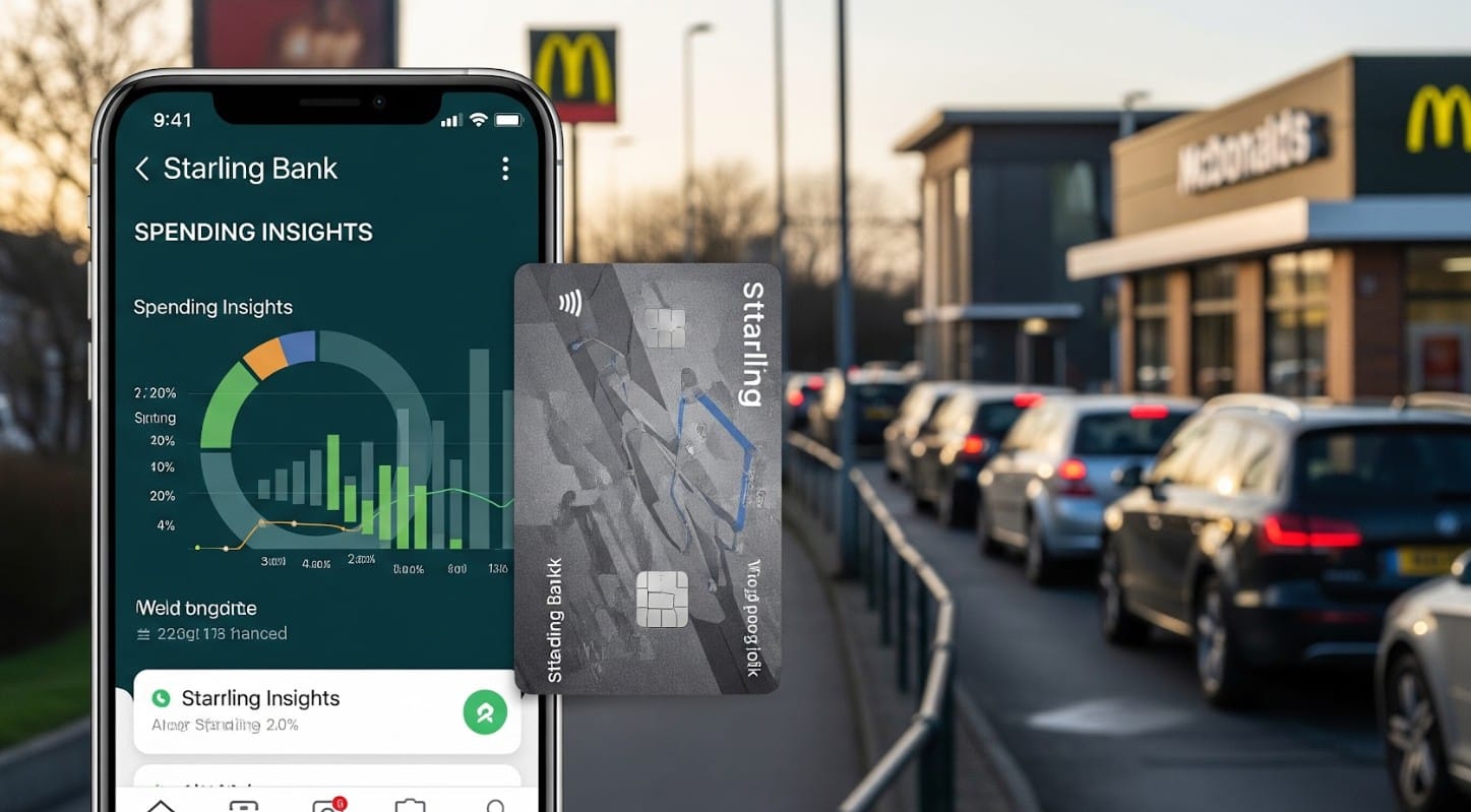 A queue at a McDonalds drive-thru, plus a representation of an AI banking app