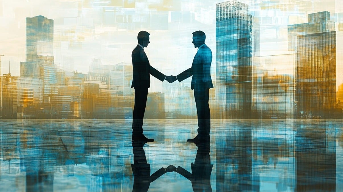 Two business men shake hands. Representation of business deal. Image created with AI