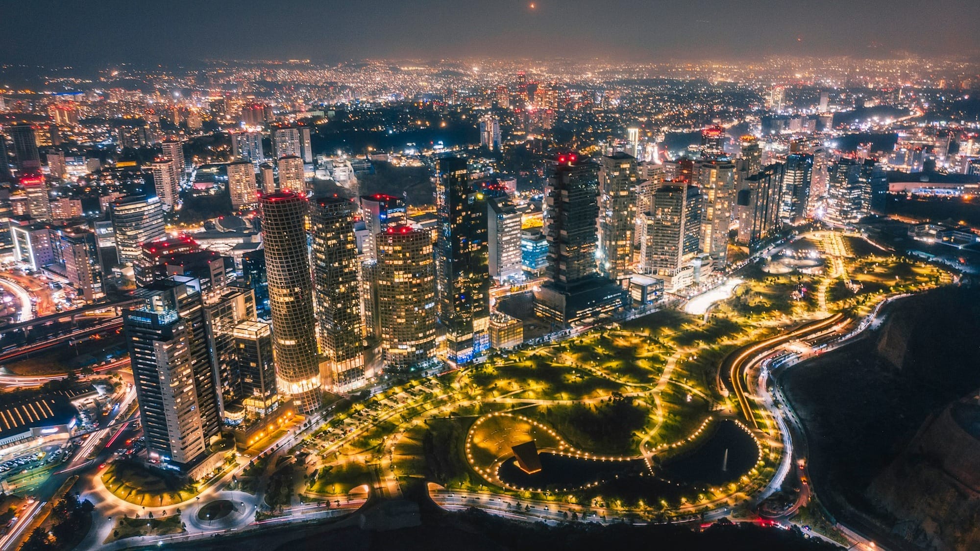 aerial view of city buildings during night time