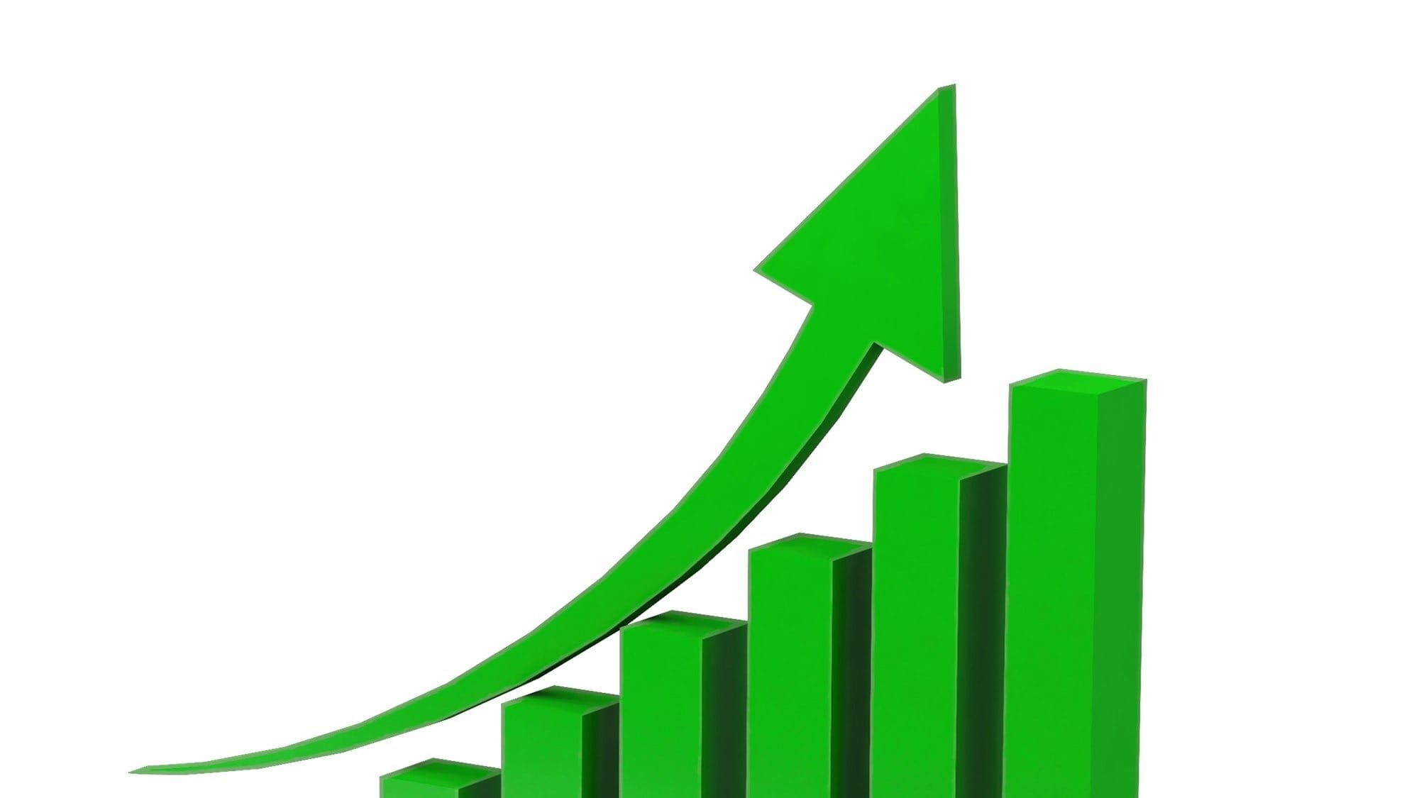Green bar graph with upward trending arrow