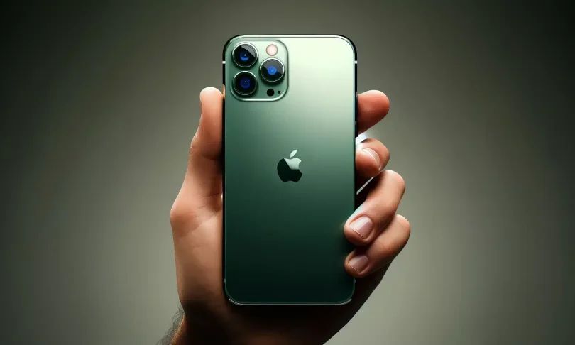 A close-up view of a person's hand holding an Apple iPhone 11 Pro in a striking green color. The focus is on the phone's triple-camera system and the iconic Apple logo on the back.