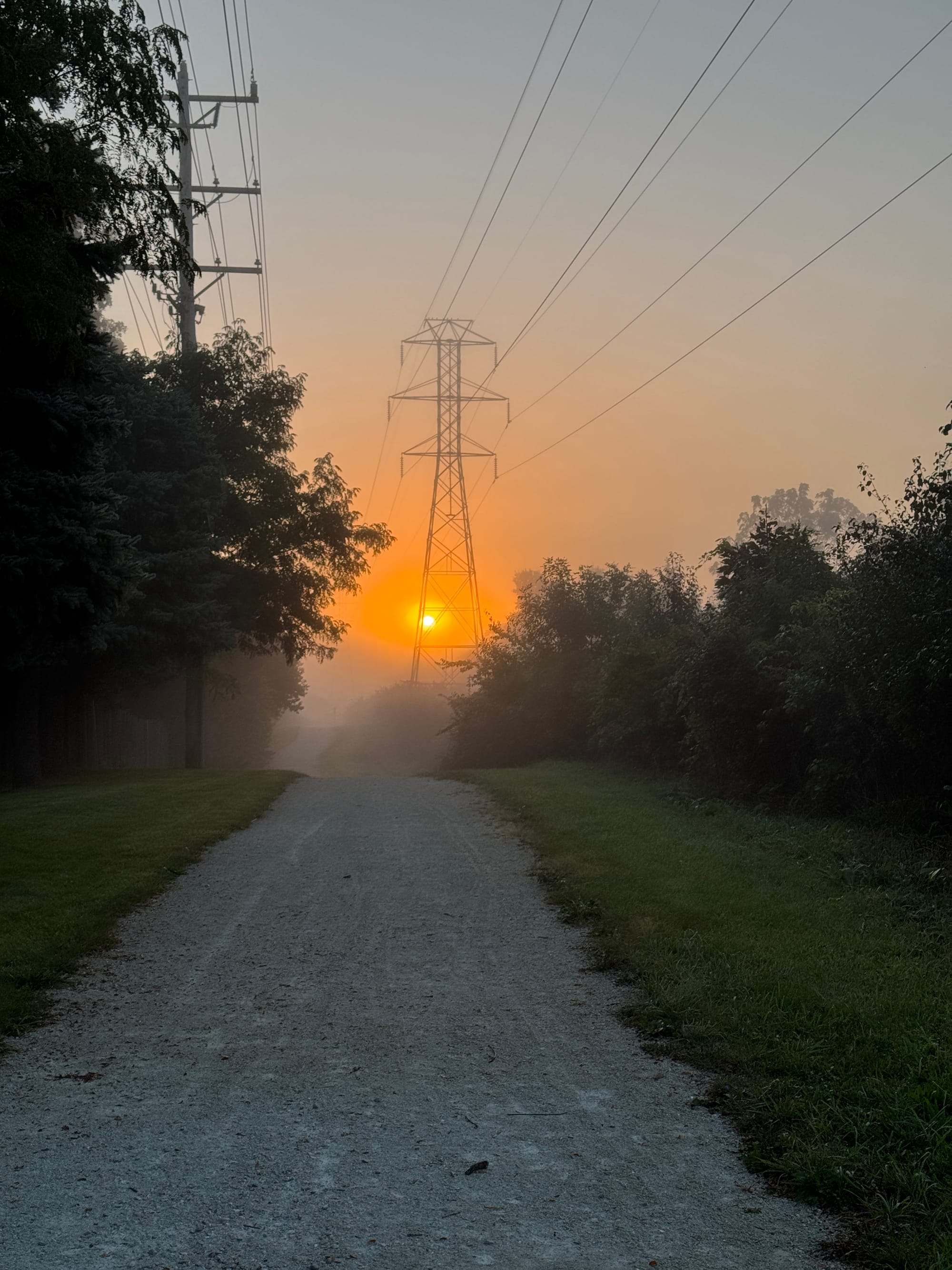 The sun beginning to rise over a crushed limestone path, shining through the base of an electric tower through the fog.