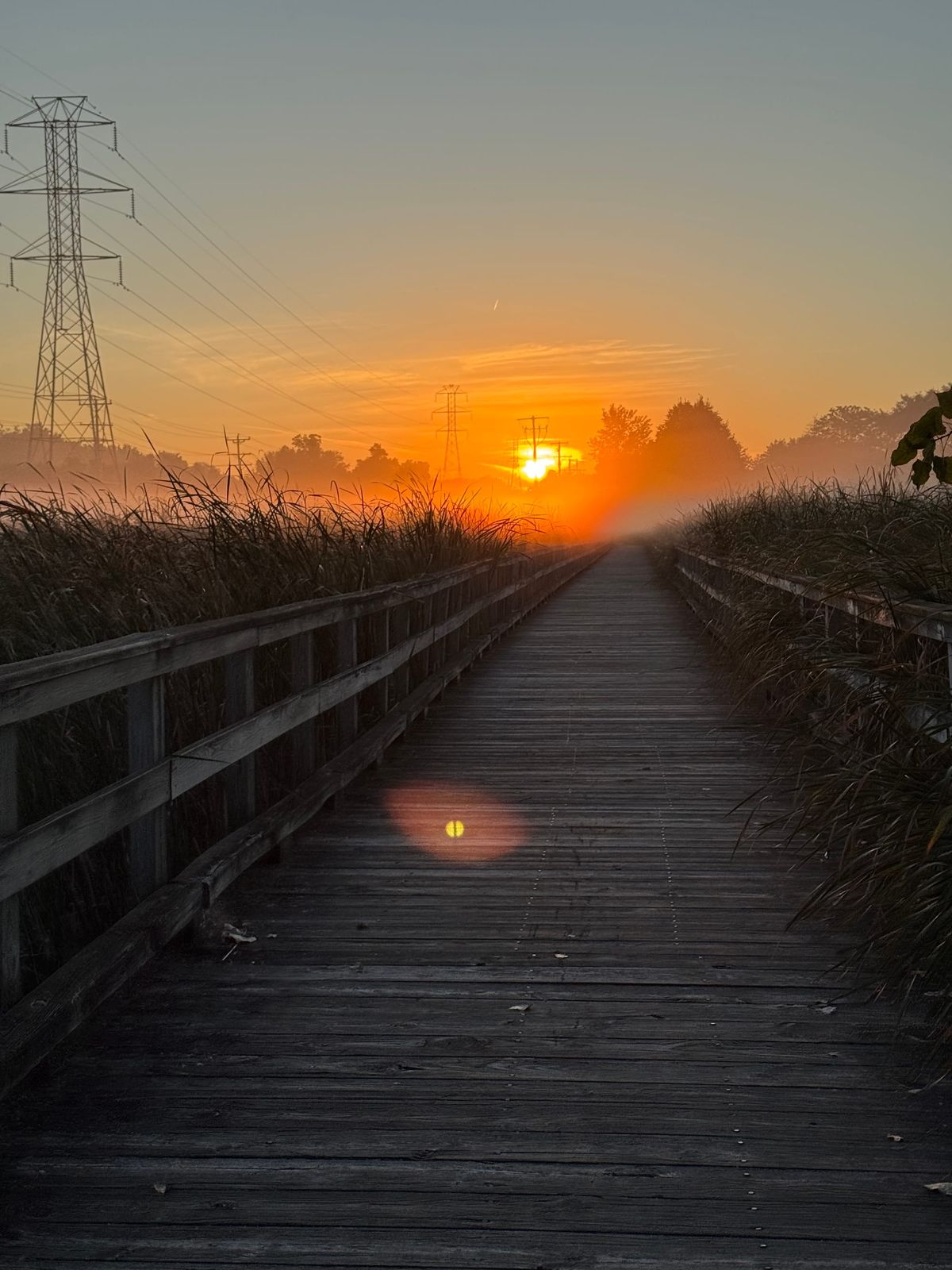 A wooden bridge across wetlands in far northern Illinois as the sun rises in the distance. 