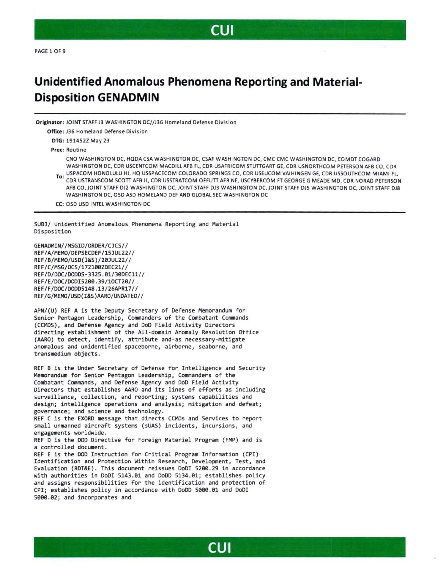 FOIA Release: Joint Chiefs issue worldwide UAP reporting requirements (May 19, 2023)