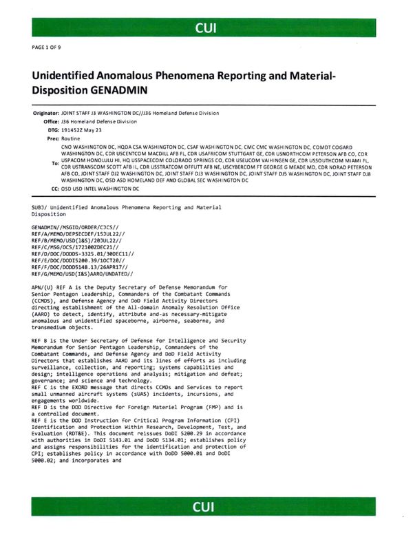 FOIA Release: Joint Chiefs issue worldwide UAP reporting requirements (May 19, 2023)