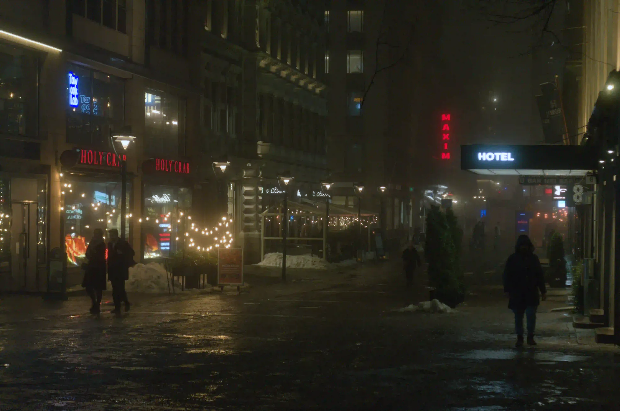 A foggy, atmospheric city street at night in winter, where a few silhouetted people are walking widely separated from one another.