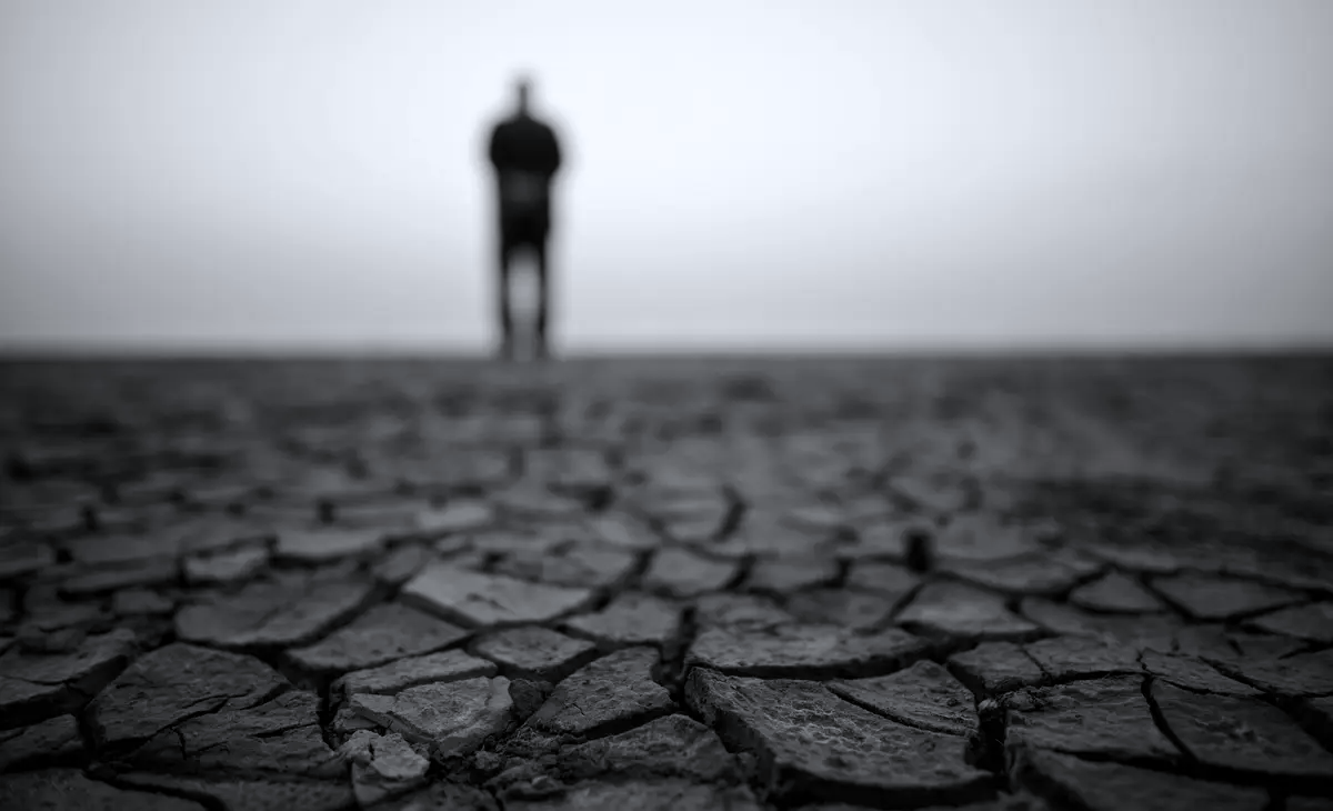 Close-up of severely cracked dry earth with a blurred human silhouette in the background, symbolizing biological collapse and resource depletion.