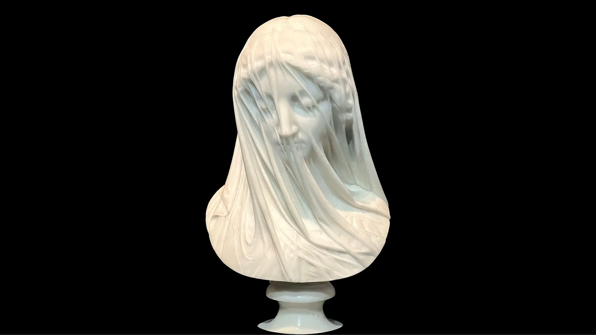 The Veiled Virgin marble bust by Giovanni Strazza, isolated on a black background, showing the incredible illusion of a transparent veil carved from solid stone.