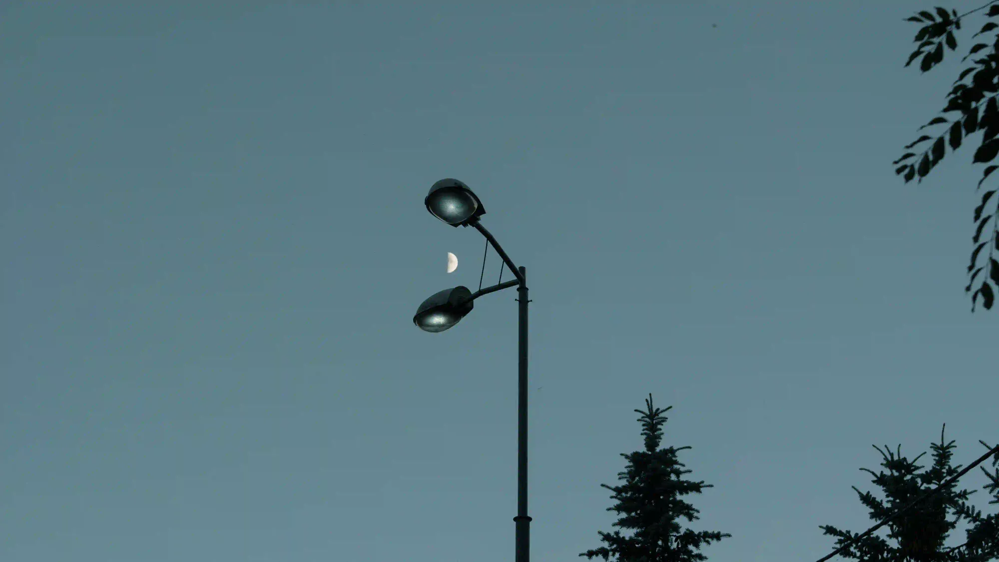 A solitary street lamp with shielded fixtures directing light downwards, framed against a dim twilight sky with a visible half moon.