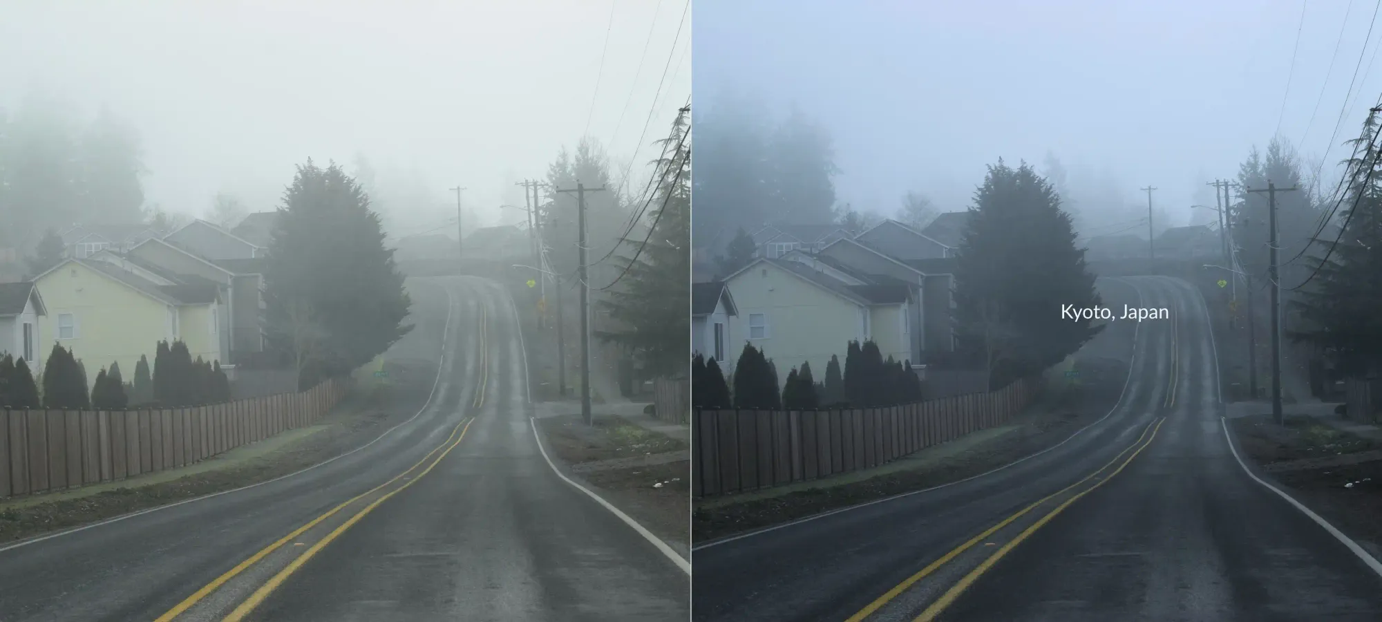 A side-by-side visual experiment showing an ordinary hazy suburban street on the left, and the exact same street on the right, color-graded with cool cinematic tones and falsely tagged as 'Kyoto, Japan' to demonstrate aesthetic manipulation.