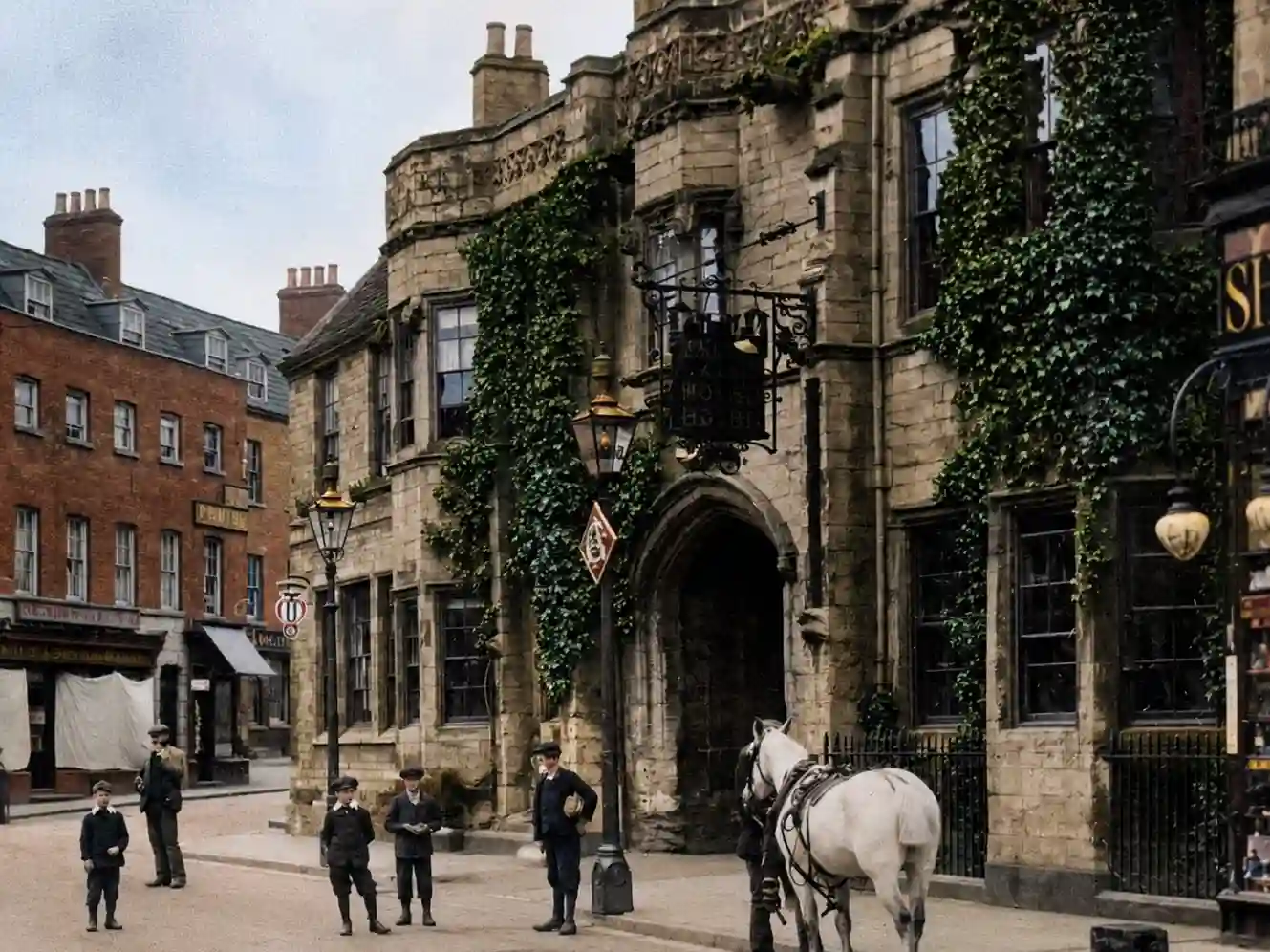 An AI-colorized historic street view of The Angel and Royal Hotel in Grantham, featuring its medieval stone facade, archway, and people in vintage clothing.