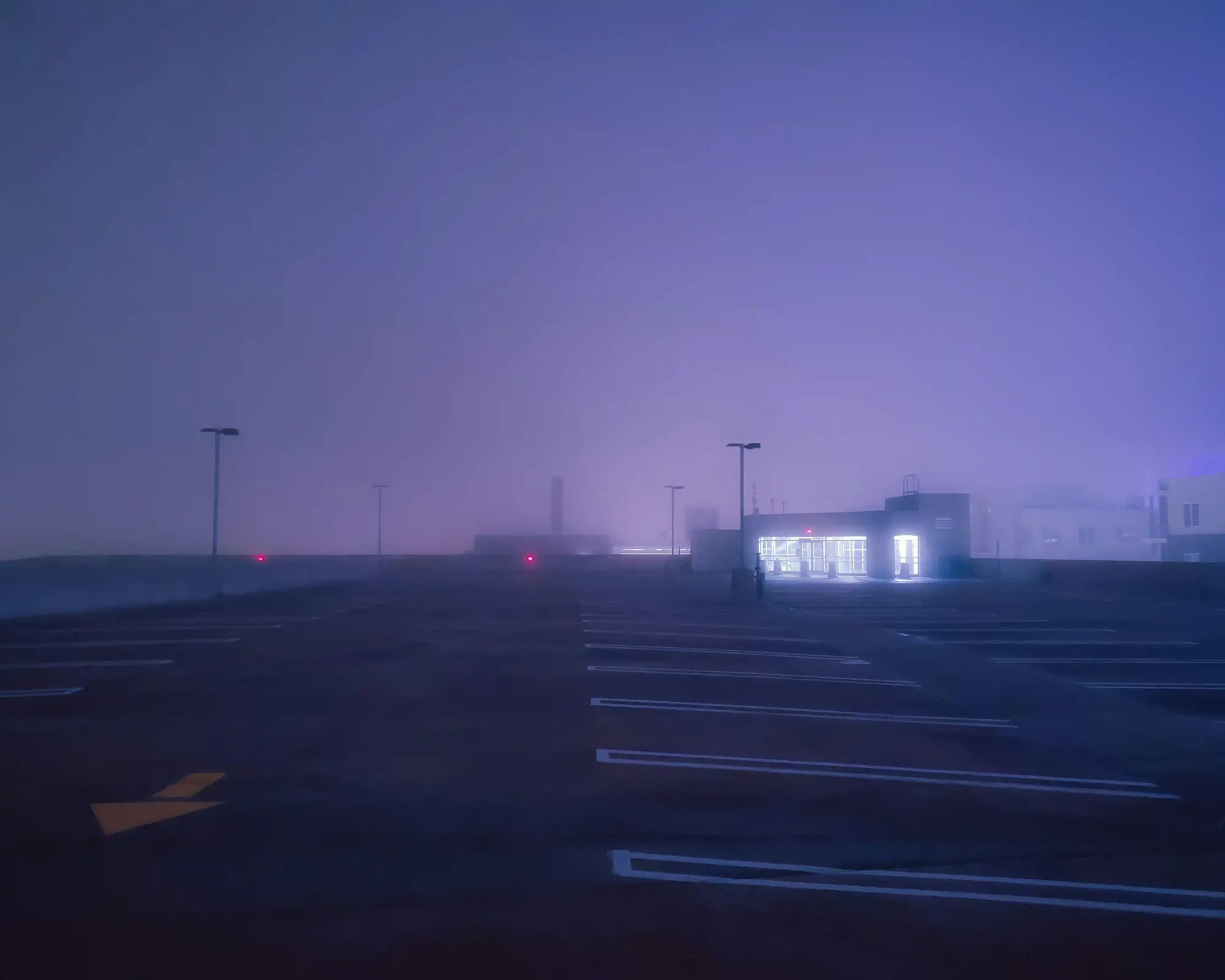 A vast, empty asphalt parking lot shrouded in a gloomy, fog-filled twilight, symbolizing the fragmented concrete deserts that block ecological navigation networks for solitary bees.