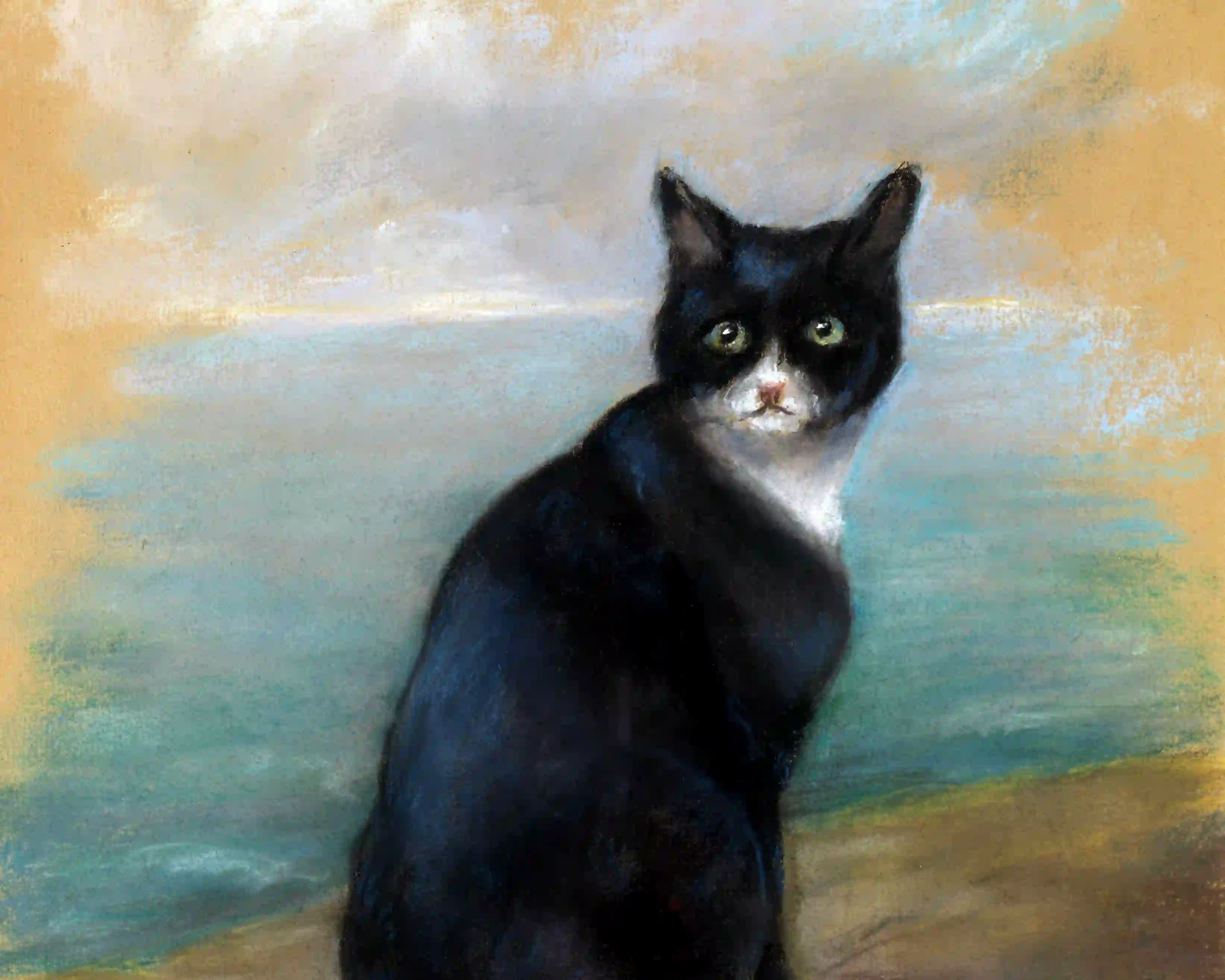 Historical pastel portrait of the black-and-white cat Unsinkable Sam by Georgina Shaw-Baker, whose dark eyes witness the legacy of WW2 naval battles.