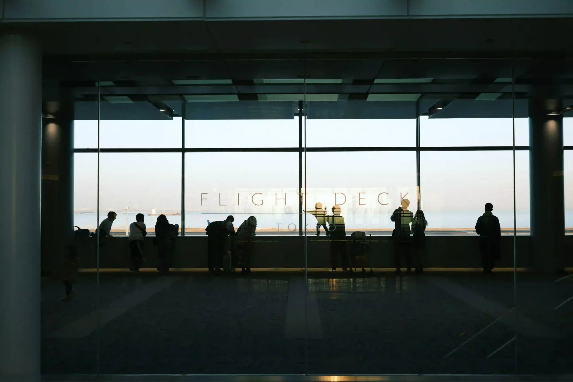 Silhouettes of people looking out from a dimly lit airport observation deck with the words Flight Deck on the glass, symbolizing the contemplation of staying grounded.