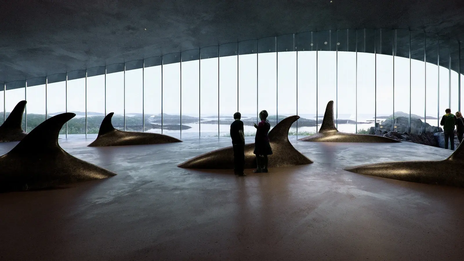 Interior rendering of a museum space with boundless glass walls facing the ocean, featuring dark, monumental whale fins emerging abstractly from the floor.