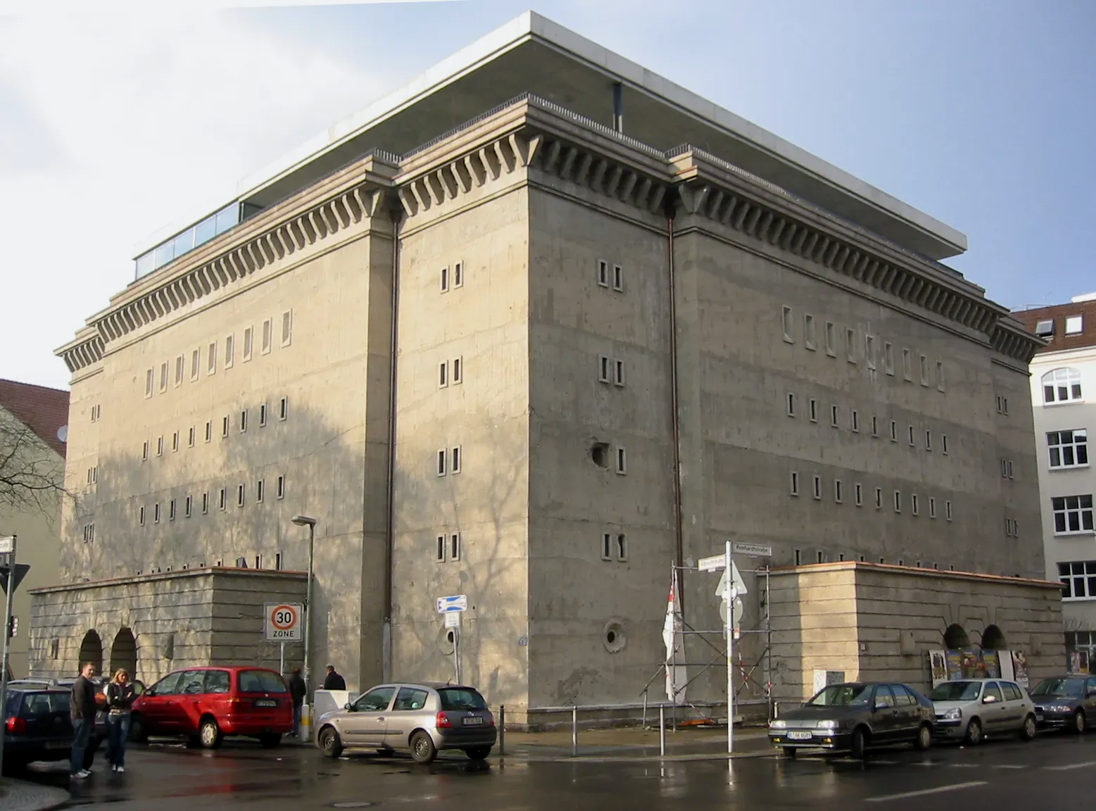 Exterior view of the massive, windowless concrete bunker of Sammlung Boros in Berlin, demonstrating absolute architectural isolation.