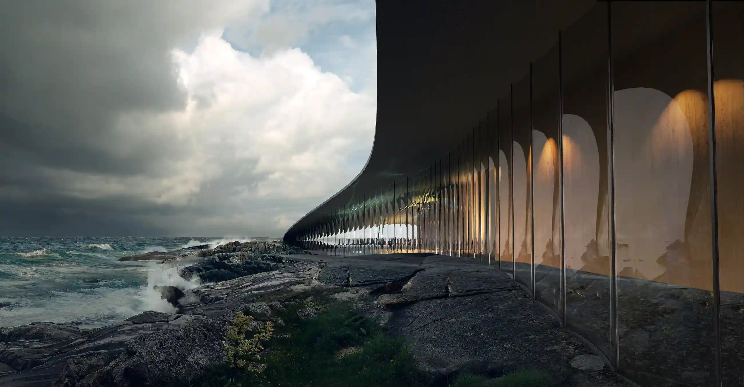 A moody architectural rendering showing the sweeping glass facade of The Whale museum resisting the fierce gales of a stormy Norwegian ocean.