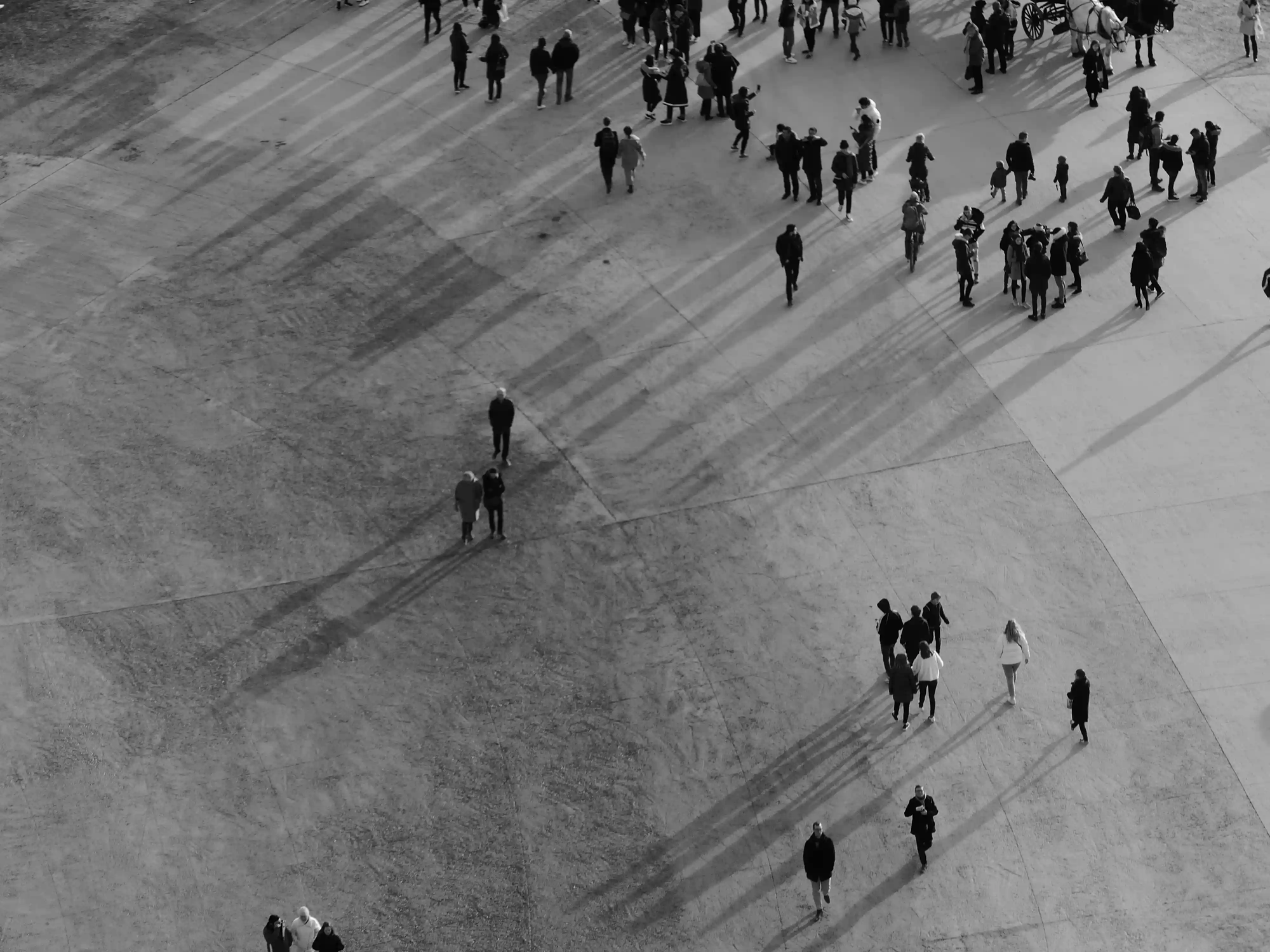A high-angle black and white view of anonymous figures casting long shadows across a concrete plaza, symbolizing constant surveillance and the digital panopticon.