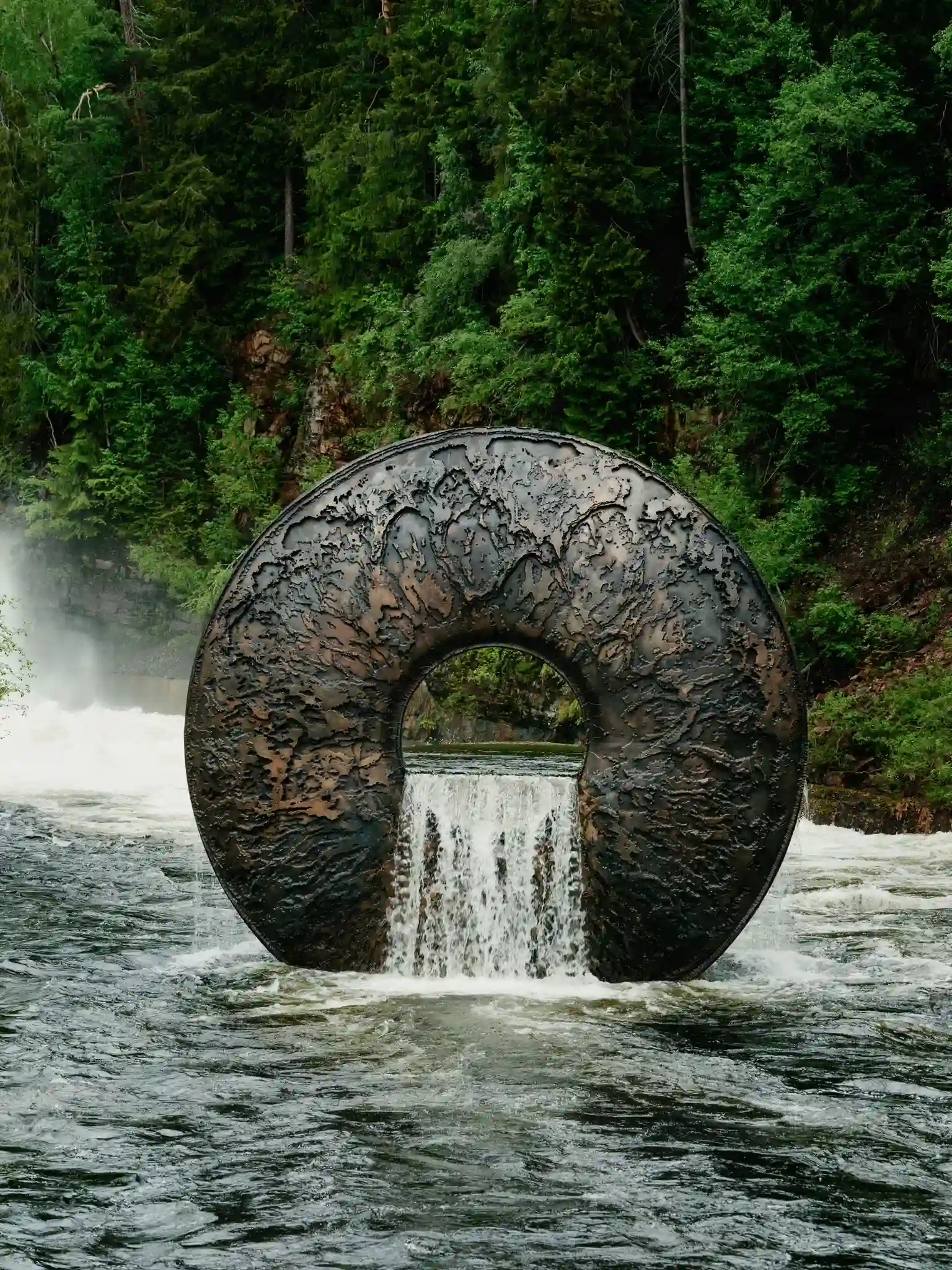 A massive circular bronze sculpture with a waterfall flowing through its center, standing in the river surrounded by a dark forest.
