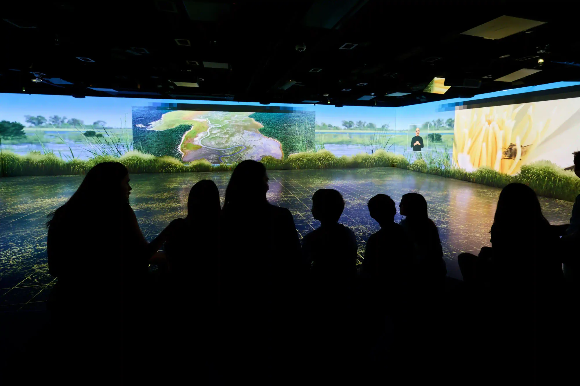Silhouettes of visitors sitting in a dark room, watching a massive digital nature projection inside the Geoverse at the National Geographic Museum of Exploration.