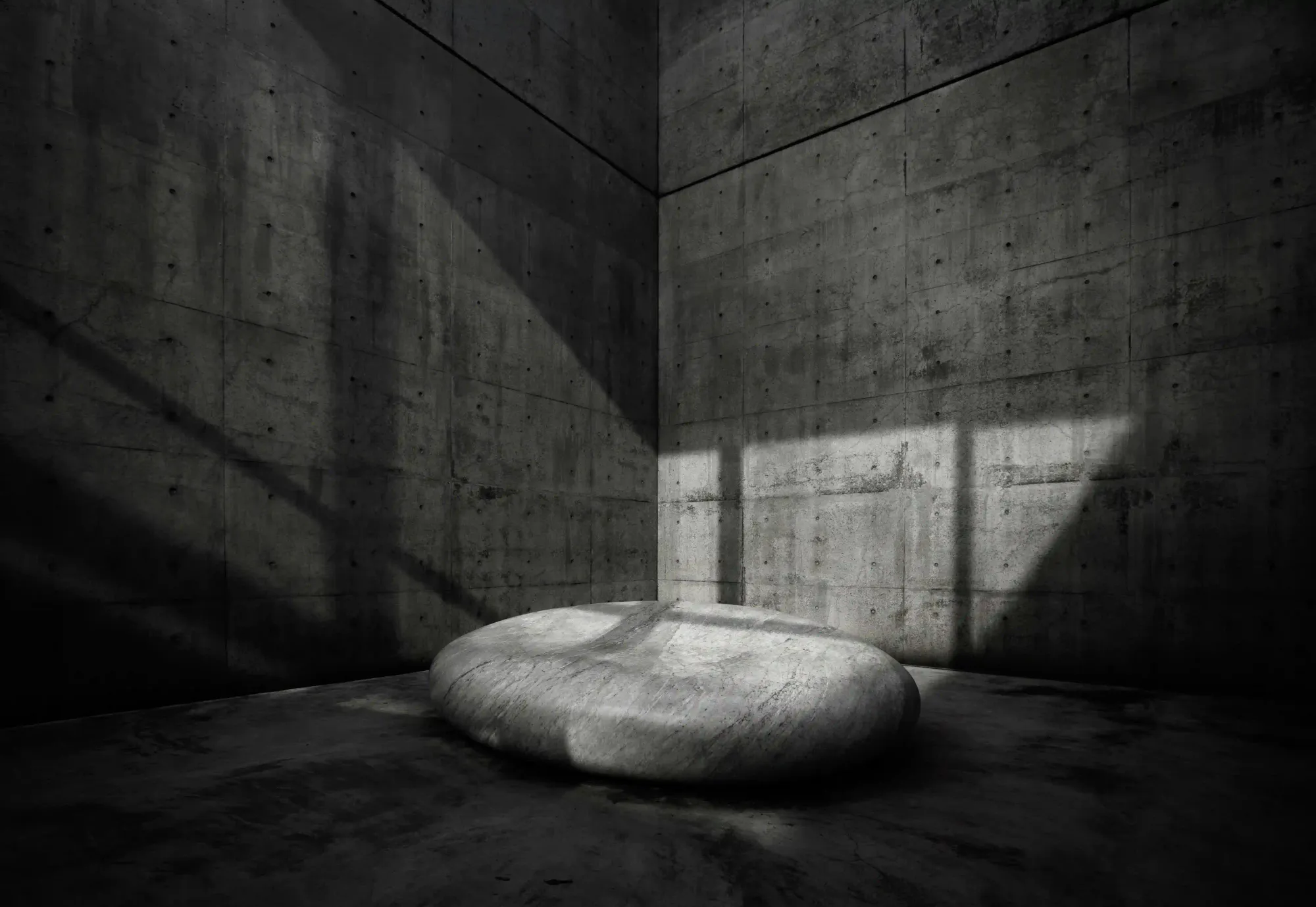 A dark, minimalist brutalist concrete room with deep shadows and a single smooth stone, representing a mental sanctuary away from urban noise.