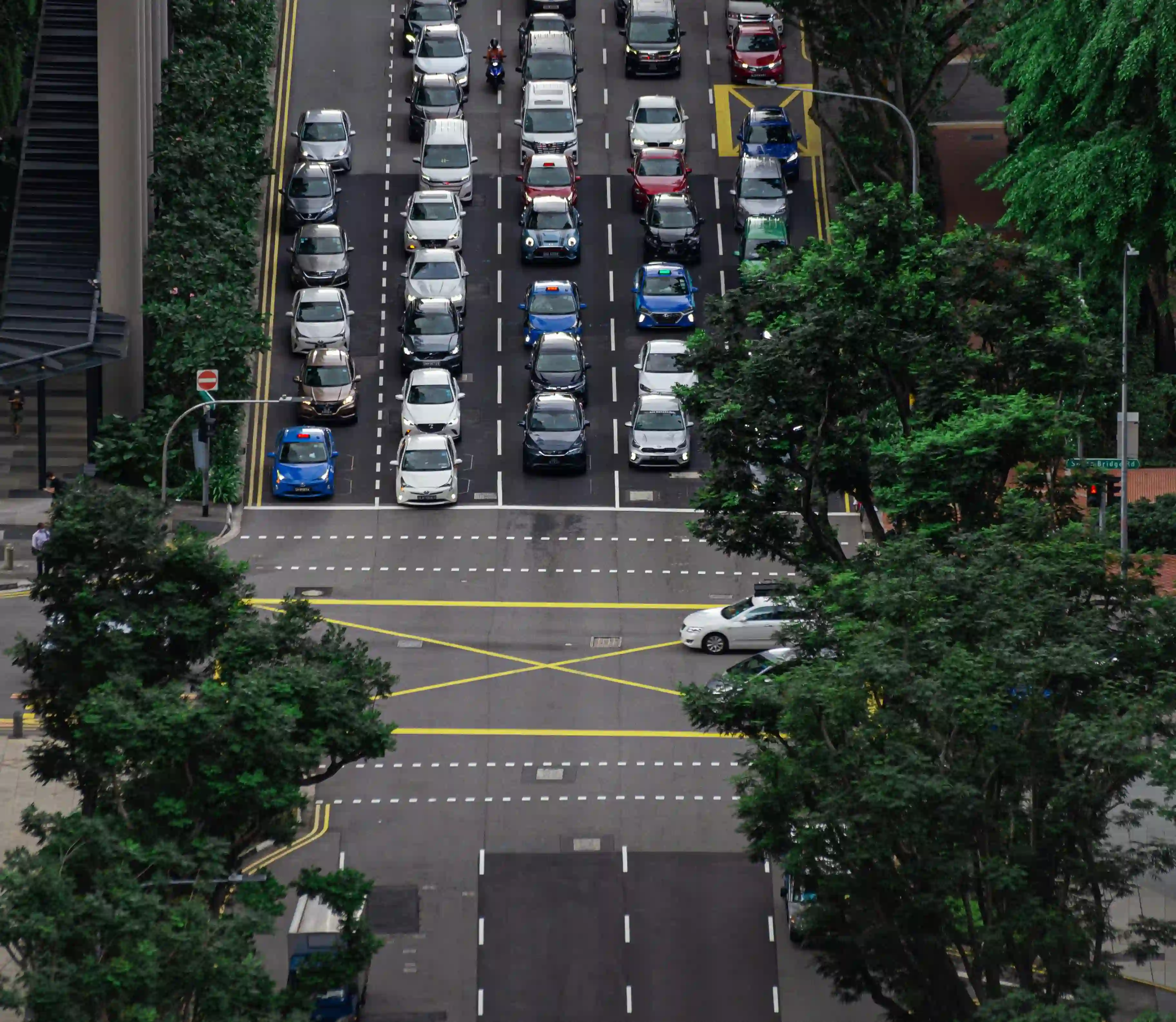 Aerial view of heavy city traffic at a yellow box junction flanked by massive green tree canopies in Singapore.