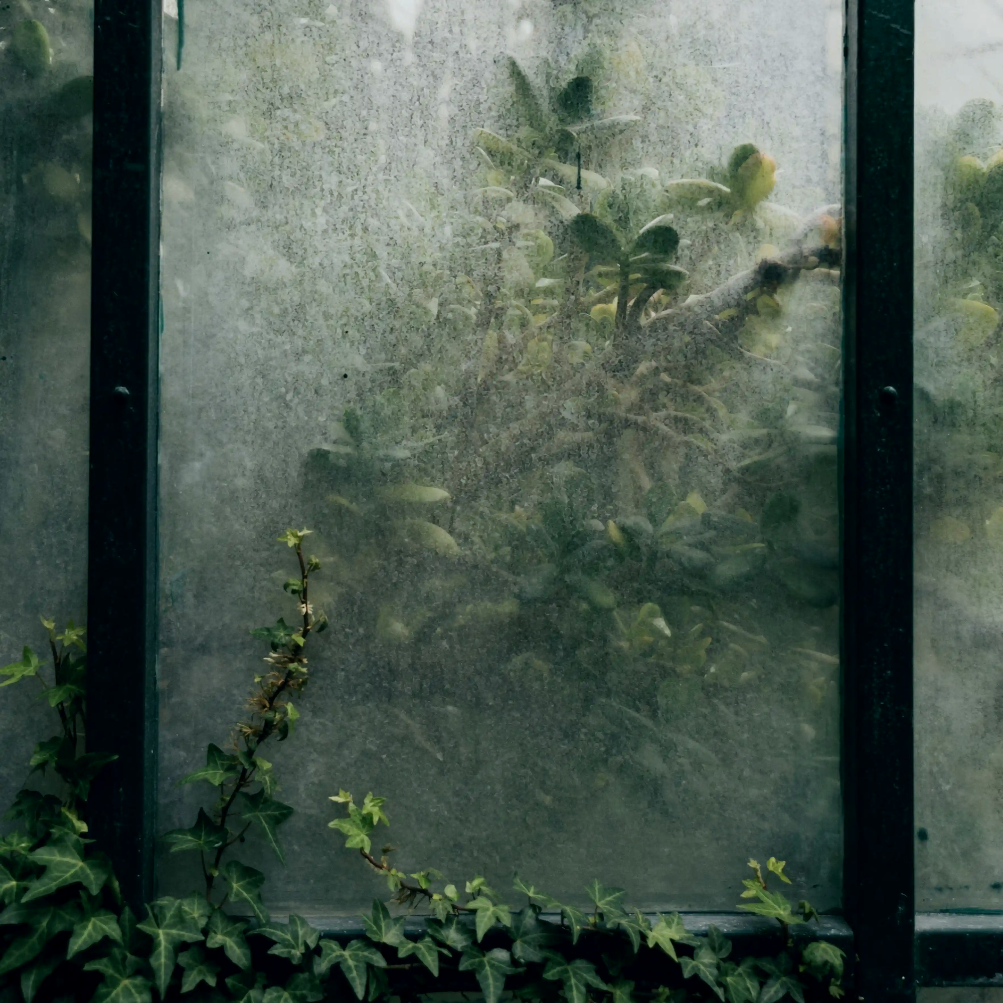 A moody view of green plants trapped behind heavily fogged glass, representing our artificial isolation from nature.
