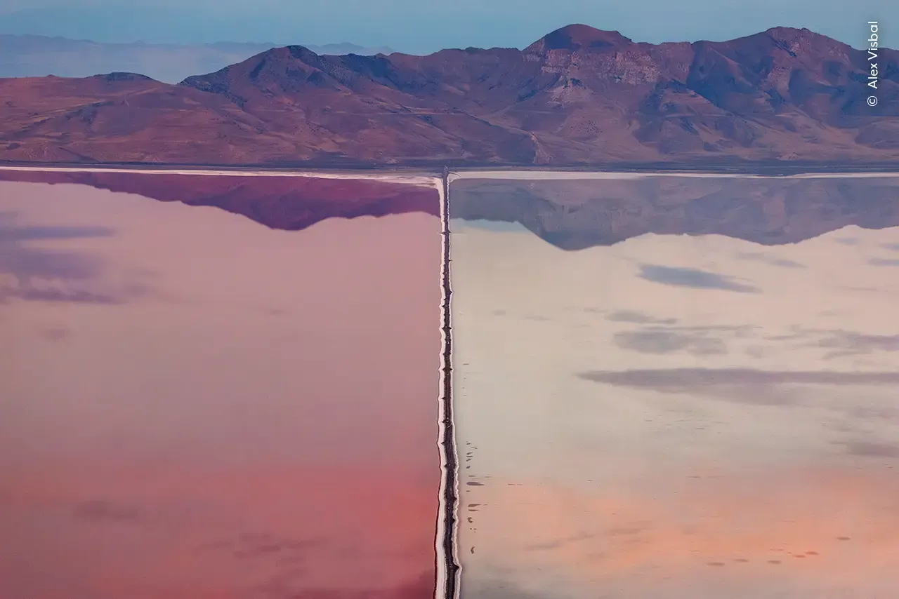 An aerial photograph capturing the stark division of a massive pink salt lake by a narrow, dark causeway. The lake surface is distinctly split between intense pink water on one side and reflective, peach-hued water on the other. In the background, arid mountains rise under a hazy blue sky, creating a symmetrical, geometric composition.