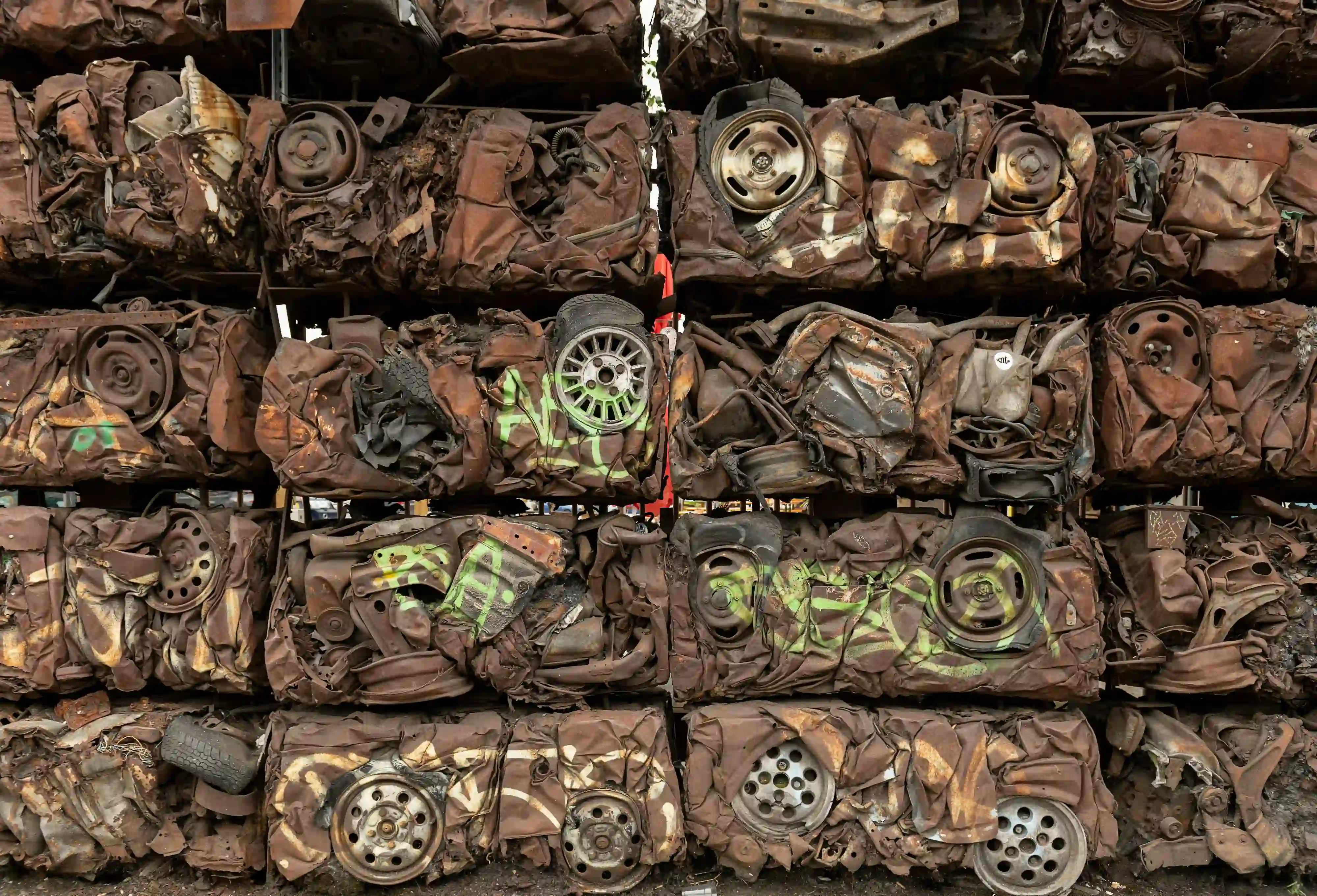 Massive stacks of crushed and oxidized metal cubes, representing the monumental physical waste generated by hardware lifecycles.