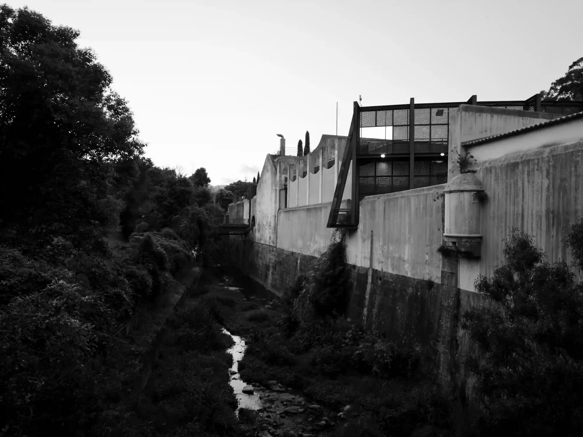A heavy concrete industrial wall running alongside a dark overgrown riverbed, symbolizing the physical environmental footprint of digital infrastructure.