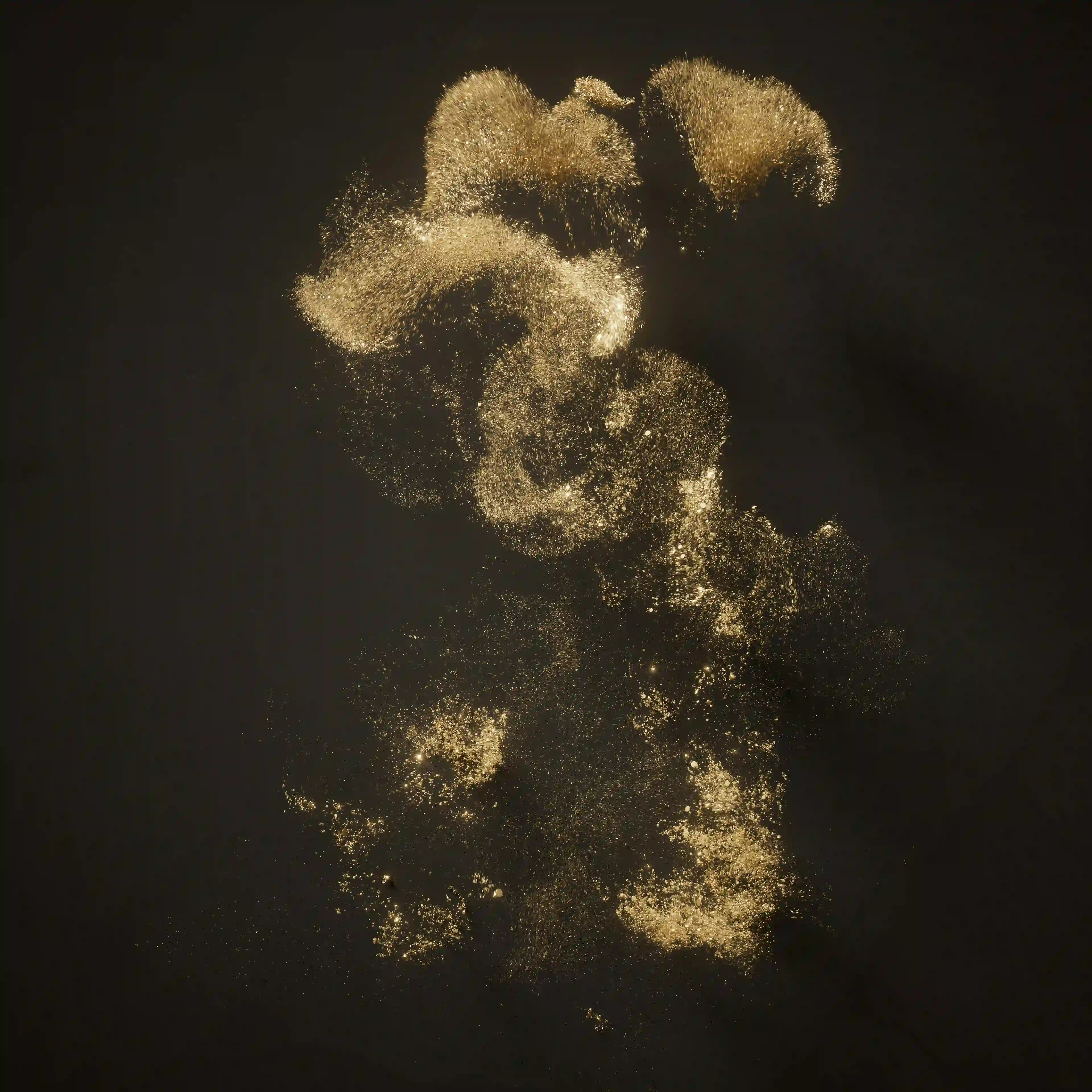 Abstract golden particles scattering and dissolving against a pitch-black background.