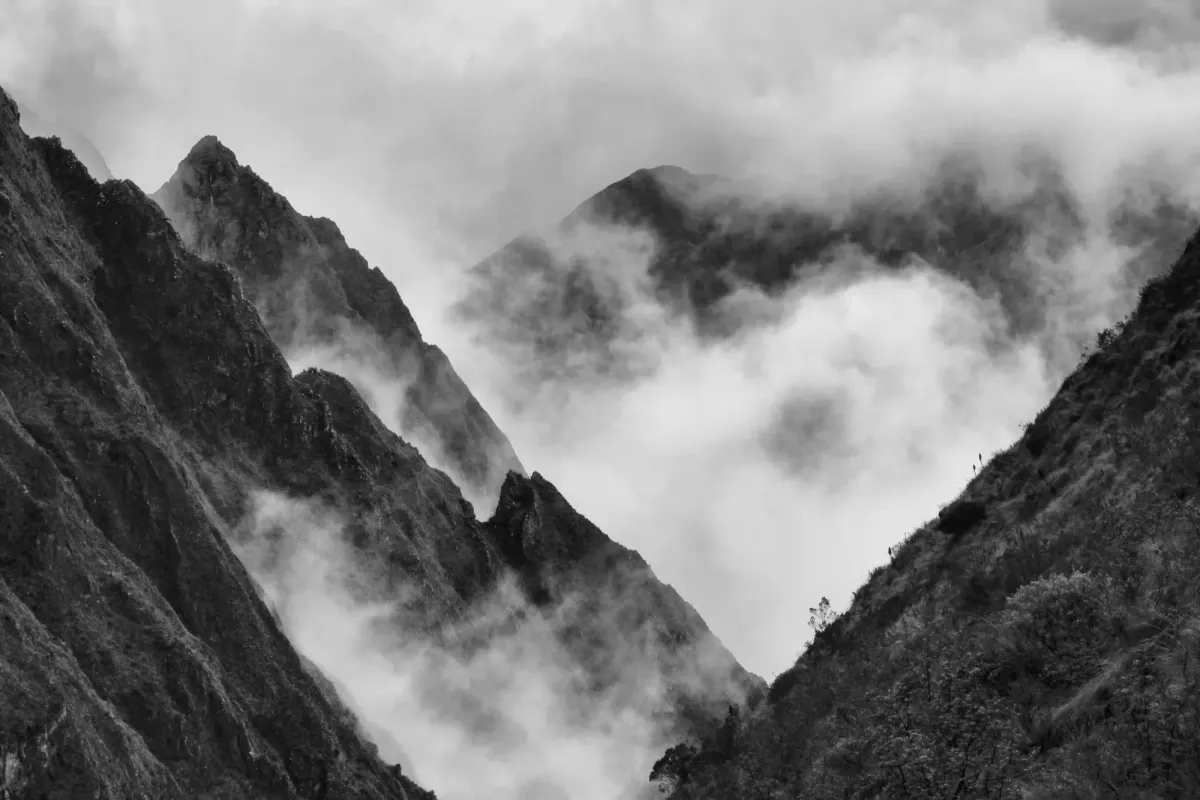 A dramatic black-and-white landscape of rugged, steep Andean mountain peaks partially swallowed by dense, swirling mist in the Peruvian cloud forest.