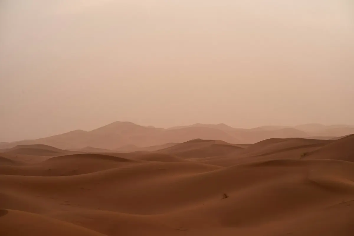 Endless rolling sand dunes in the vast, empty expanse of the Sahara Desert under a hazy sky.