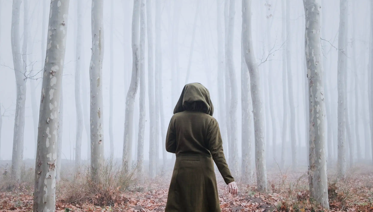 A hooded figure standing alone in a dense, foggy forest, symbolizing the isolation of the marginalized female healers of Benevento.