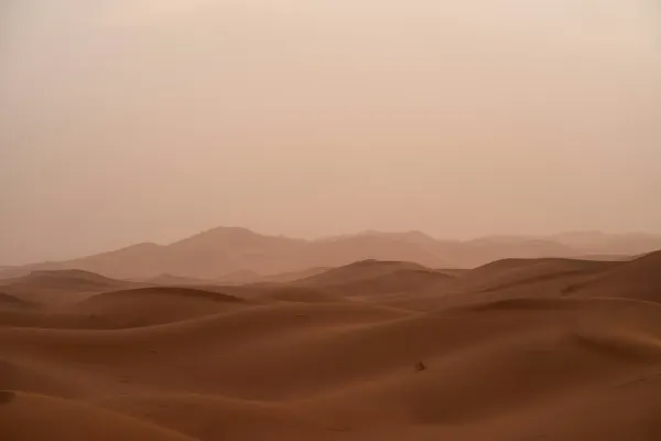 Endless rolling sand dunes in the vast, empty expanse of the Sahara Desert under a hazy sky.