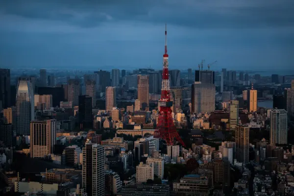 A dense Tokyo city skyline featuring the Tokyo Tower, highlighting the stark contrast between buildings catching the golden sunlight and those cast in deep urban shadow.