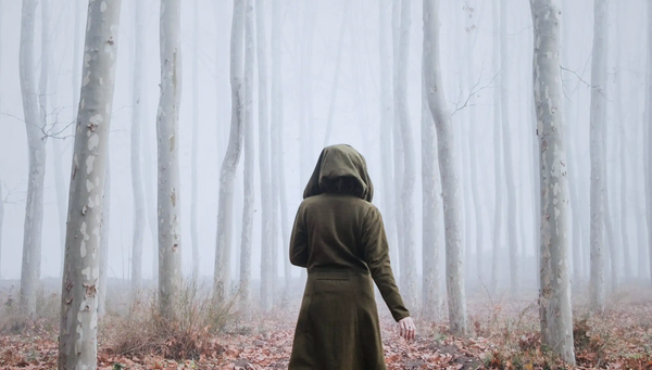 A hooded figure standing alone in a dense, foggy forest, symbolizing the isolation of the marginalized female healers of Benevento.