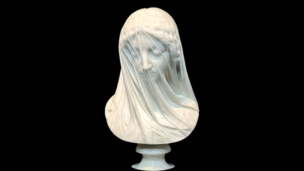 The Veiled Virgin marble bust by Giovanni Strazza, isolated on a black background, showing the incredible illusion of a transparent veil carved from solid stone.