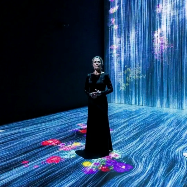A visitor standing alone in a dark, immersive museum exhibition illuminated by digital projections of flowing water and glowing flowers.