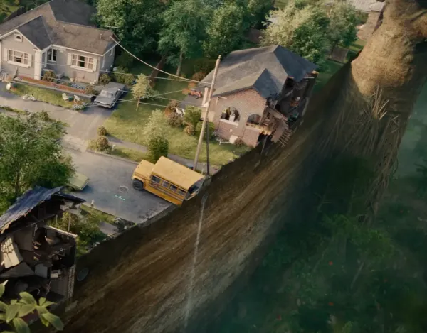 Cinematic wide shot of a sterile suburban street abruptly ending at a massive cliff dropping into a prehistoric jungle.