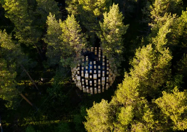 Aerial view of the Biosphere treehouse bathed in golden hour light, nestled seamlessly among the pine trees of the Swedish taiga.