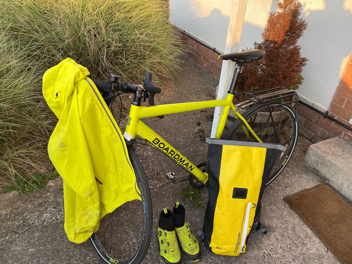 Bike with jacket, boot and bag. All in yellow!