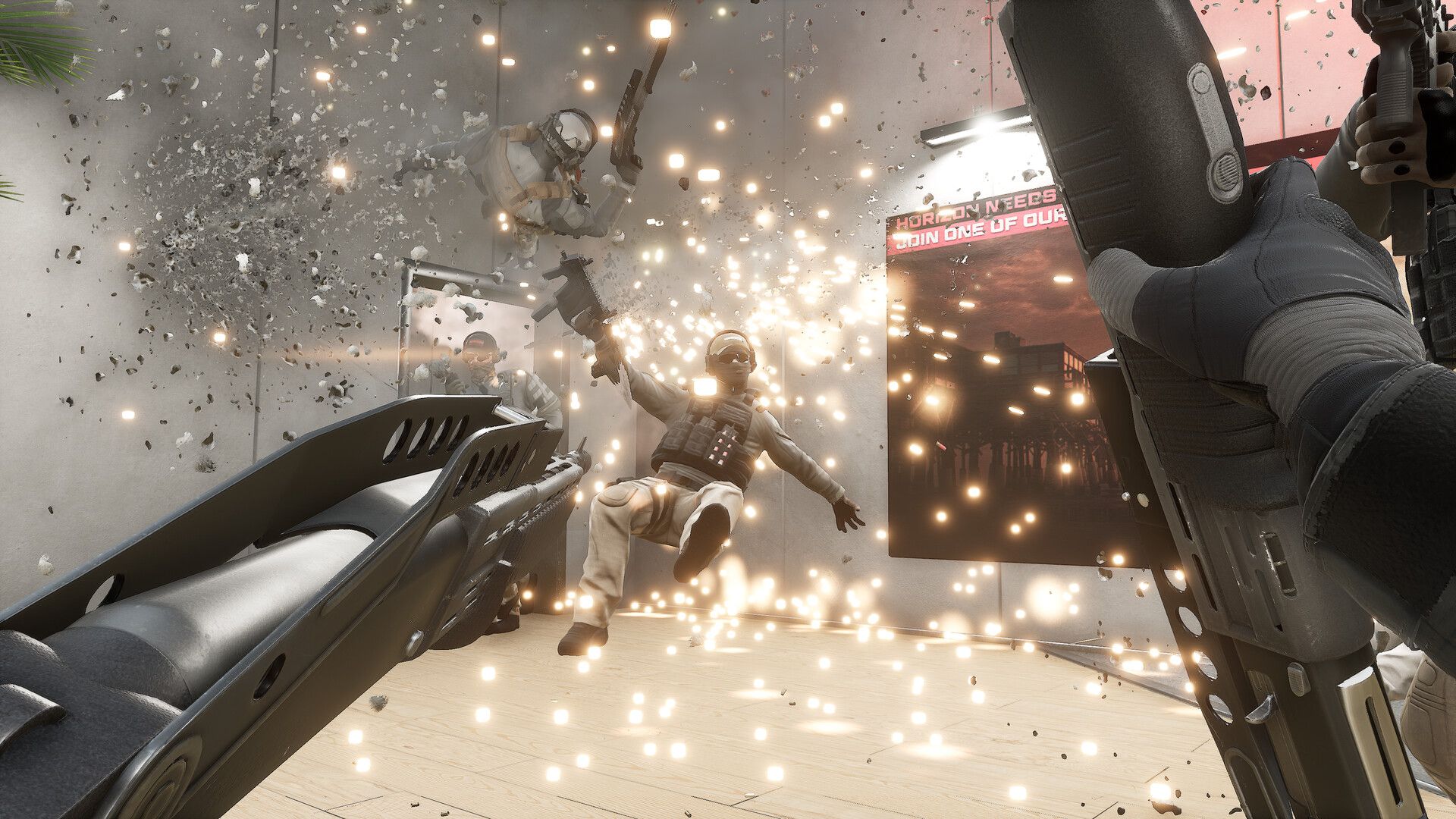 The player character shoots a soldier, knocking him back in a spray of sparks.