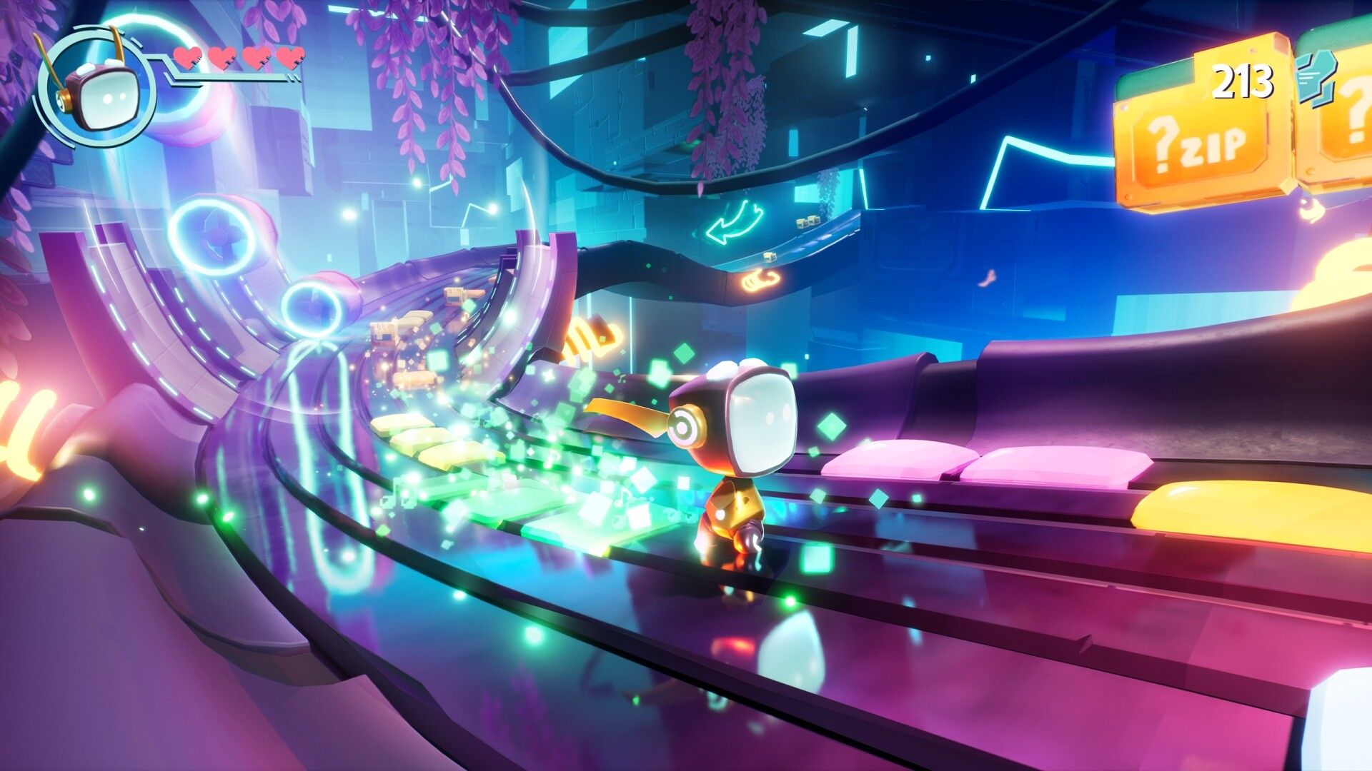 A robot runs down a neon-colored track, sparks in his wake.