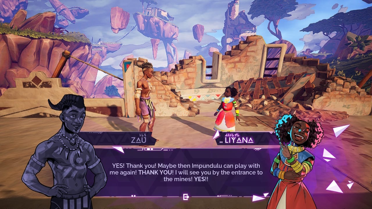 Image is Liyana saying to Zau: "Yes thank you! Maybe Impundulu can play with me again! THANK YOU! I will see you by the entrance to the mines! YES!